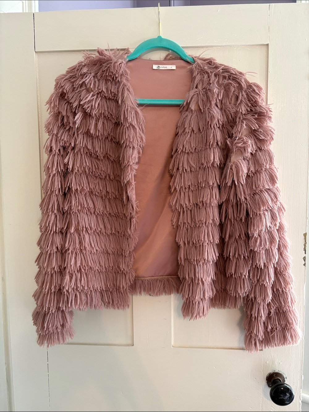 Cupshe Dusty Rose Teddy Fringe Jacket